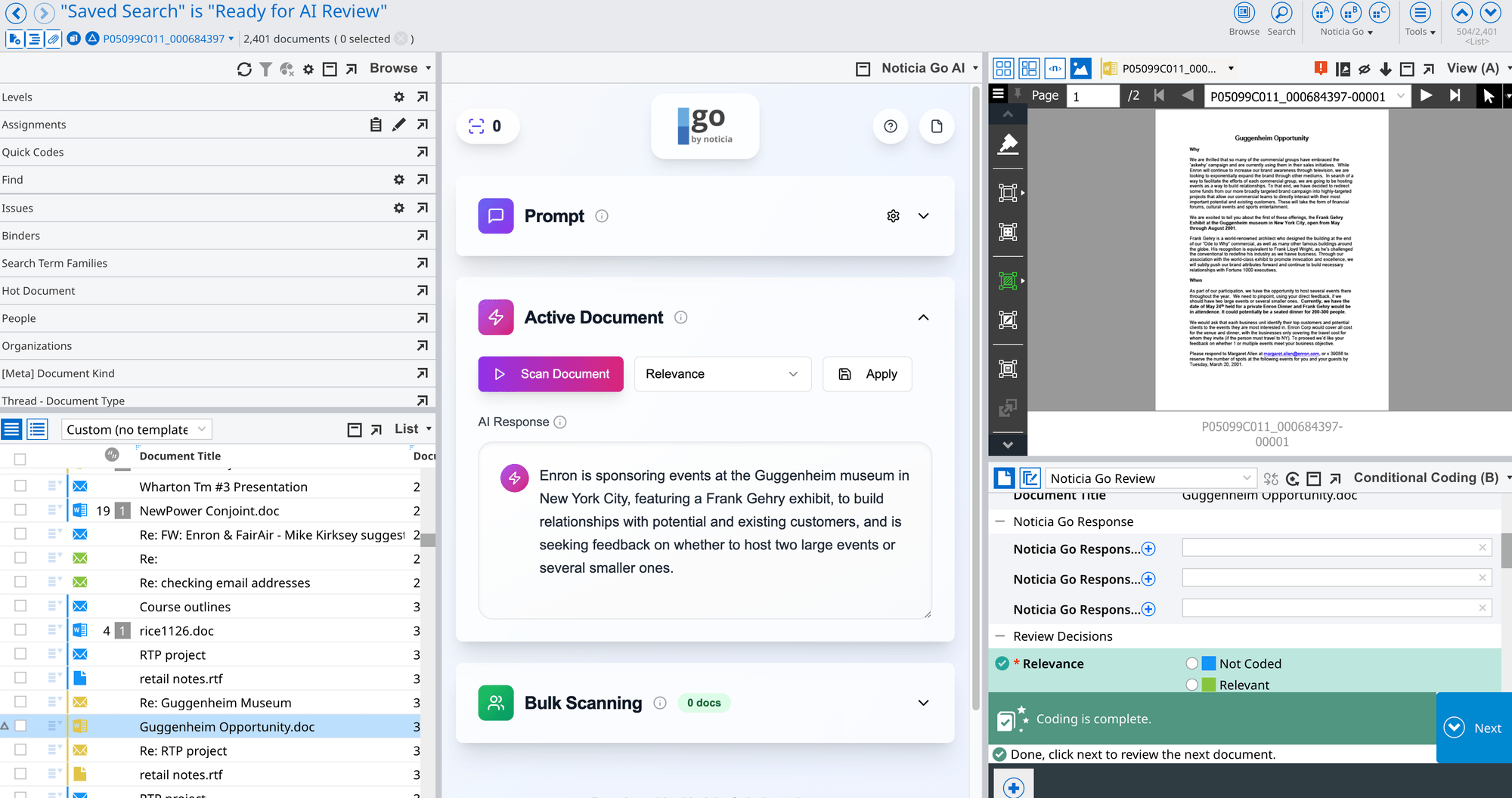 Noticia Go integrated within Nuix Discover showing AI document review capabilities